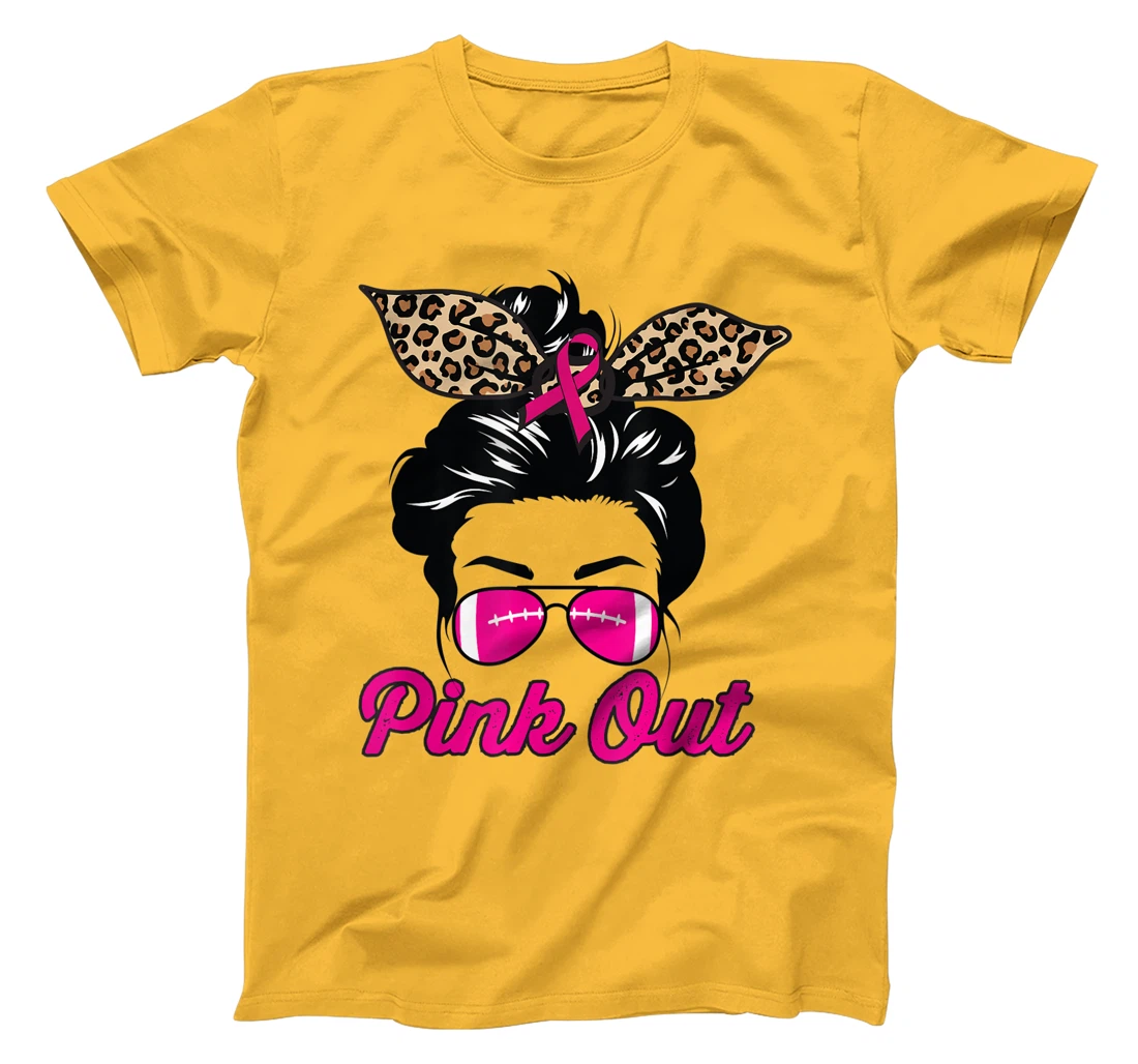 Womens Pink Out Football Mom Leopard Messy Bun Pink Breast Cancer T-Shirt, Kid T-Shirt and Women T-Shirt
