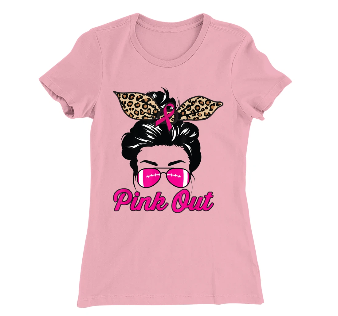 Womens Pink Out Football Mom Leopard Messy Bun Pink Breast Cancer T-Shirt, Kid T-Shirt and Women T-Shirt