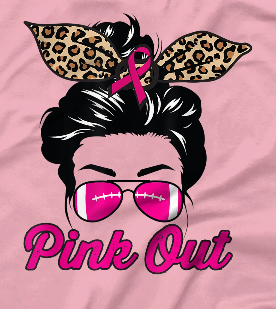 Womens Pink Out Football Mom Leopard Messy Bun Pink Breast Cancer T-Shirt, Kid T-Shirt and Women T-Shirt
