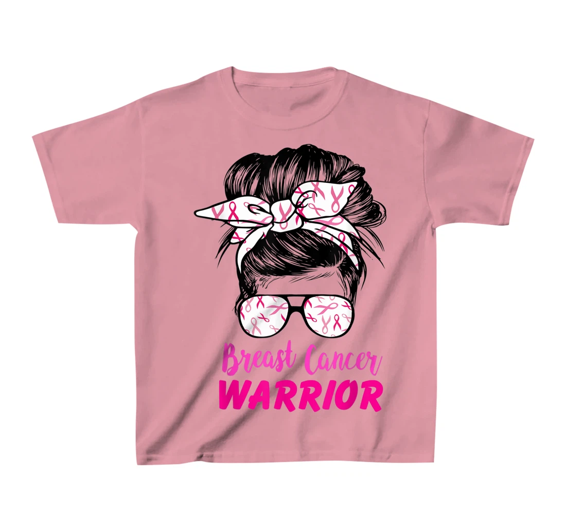 Womens Breast Cancer Warrior with messy bun breast cancer survivor T-Shirt, Kid T-Shirt and Women T-Shirt