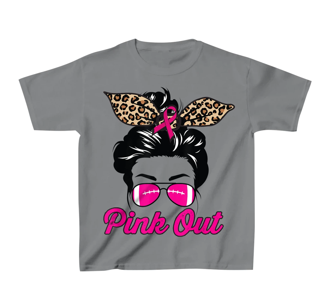 Womens Pink Out Football Mom Leopard Messy Bun Pink Breast Cancer T-Shirt, Kid T-Shirt and Women T-Shirt