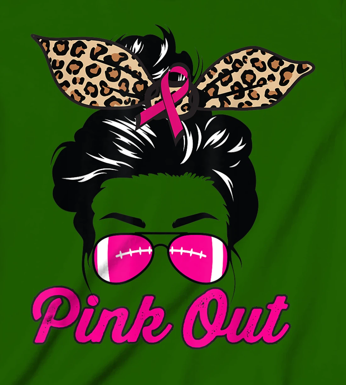 Womens Pink Out Football Mom Leopard Messy Bun Pink Breast Cancer T-Shirt, Kid T-Shirt and Women T-Shirt