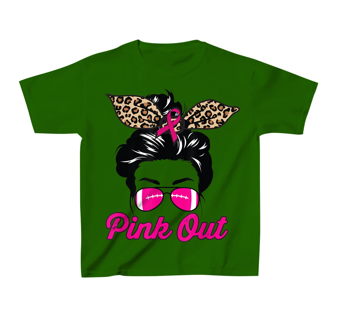 Womens Pink Out Football Mom Leopard Messy Bun Pink Breast Cancer T-Shirt, Kid T-Shirt and Women T-Shirt