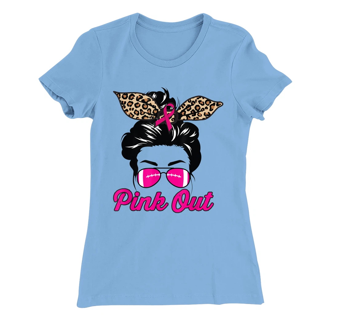 Womens Pink Out Football Mom Leopard Messy Bun Pink Breast Cancer T-Shirt, Kid T-Shirt and Women T-Shirt