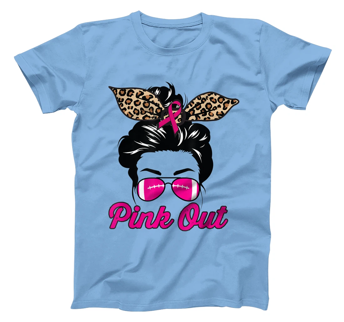 Womens Pink Out Football Mom Leopard Messy Bun Pink Breast Cancer T-Shirt, Kid T-Shirt and Women T-Shirt