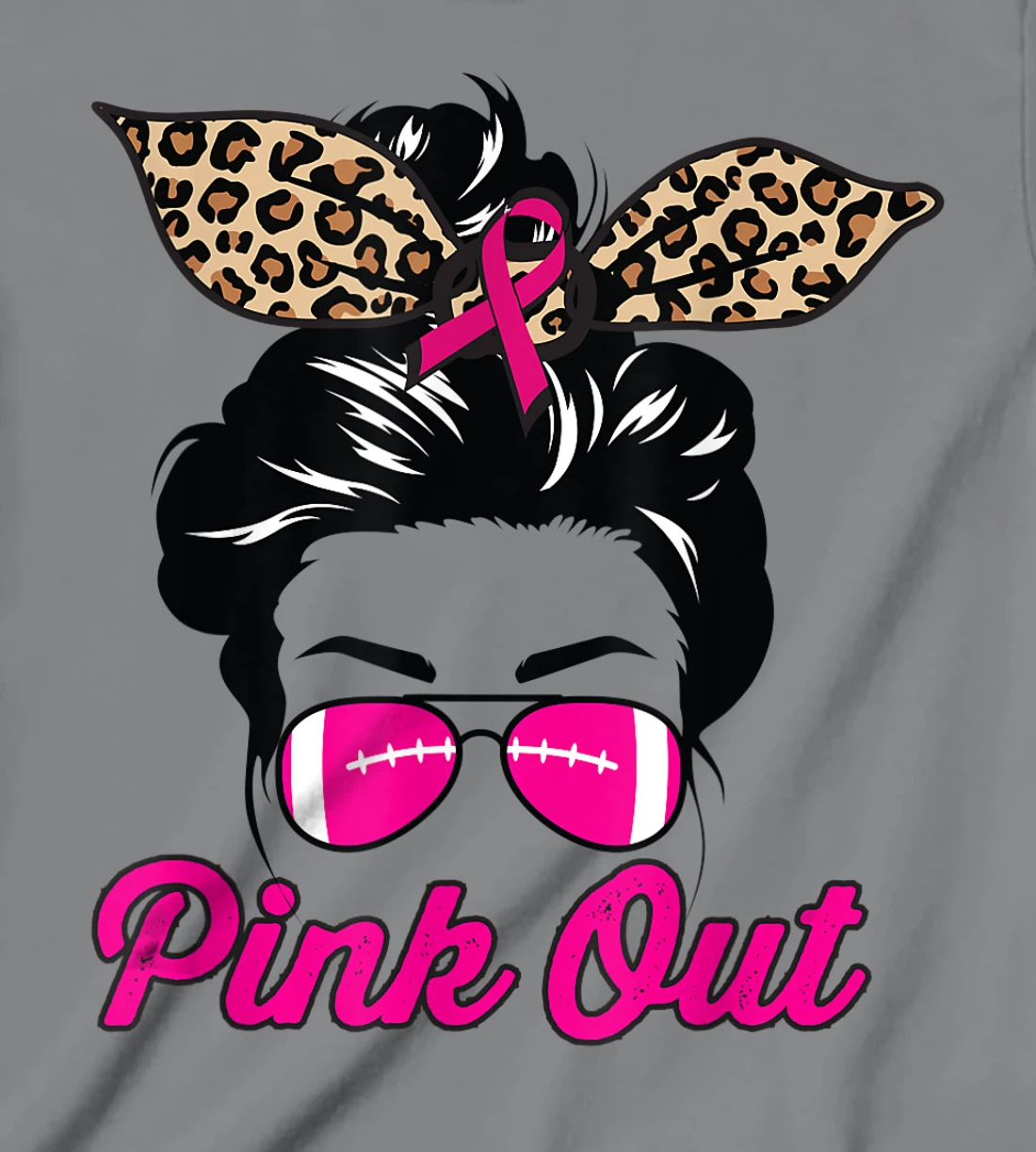 Womens Pink Out Football Mom Leopard Messy Bun Pink Breast Cancer T-Shirt, Kid T-Shirt and Women T-Shirt