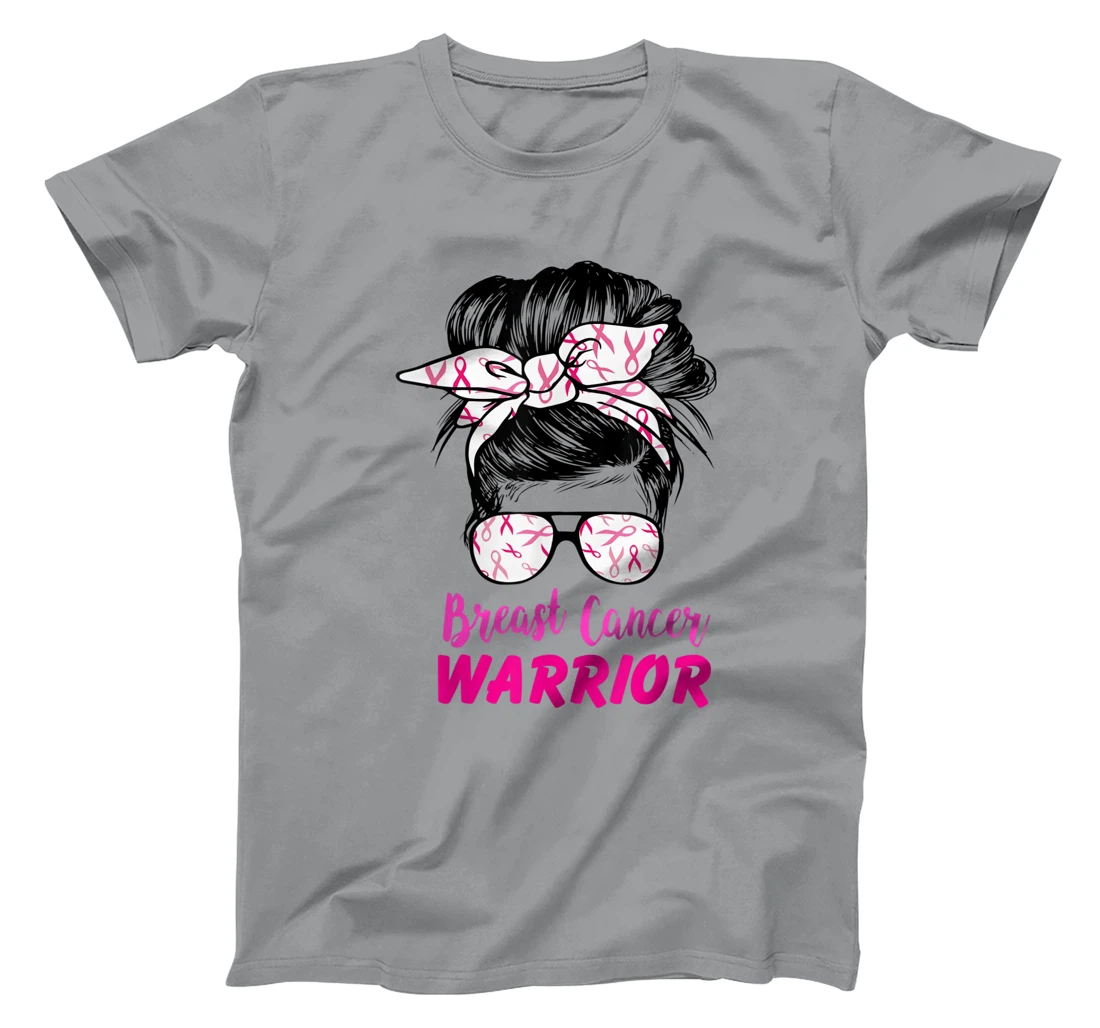 Womens Breast Cancer Warrior with messy bun breast cancer survivor T-Shirt, Kid T-Shirt and Women T-Shirt
