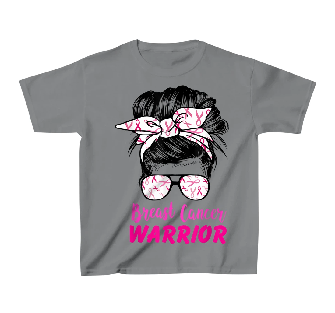 Womens Breast Cancer Warrior with messy bun breast cancer survivor T-Shirt, Kid T-Shirt and Women T-Shirt