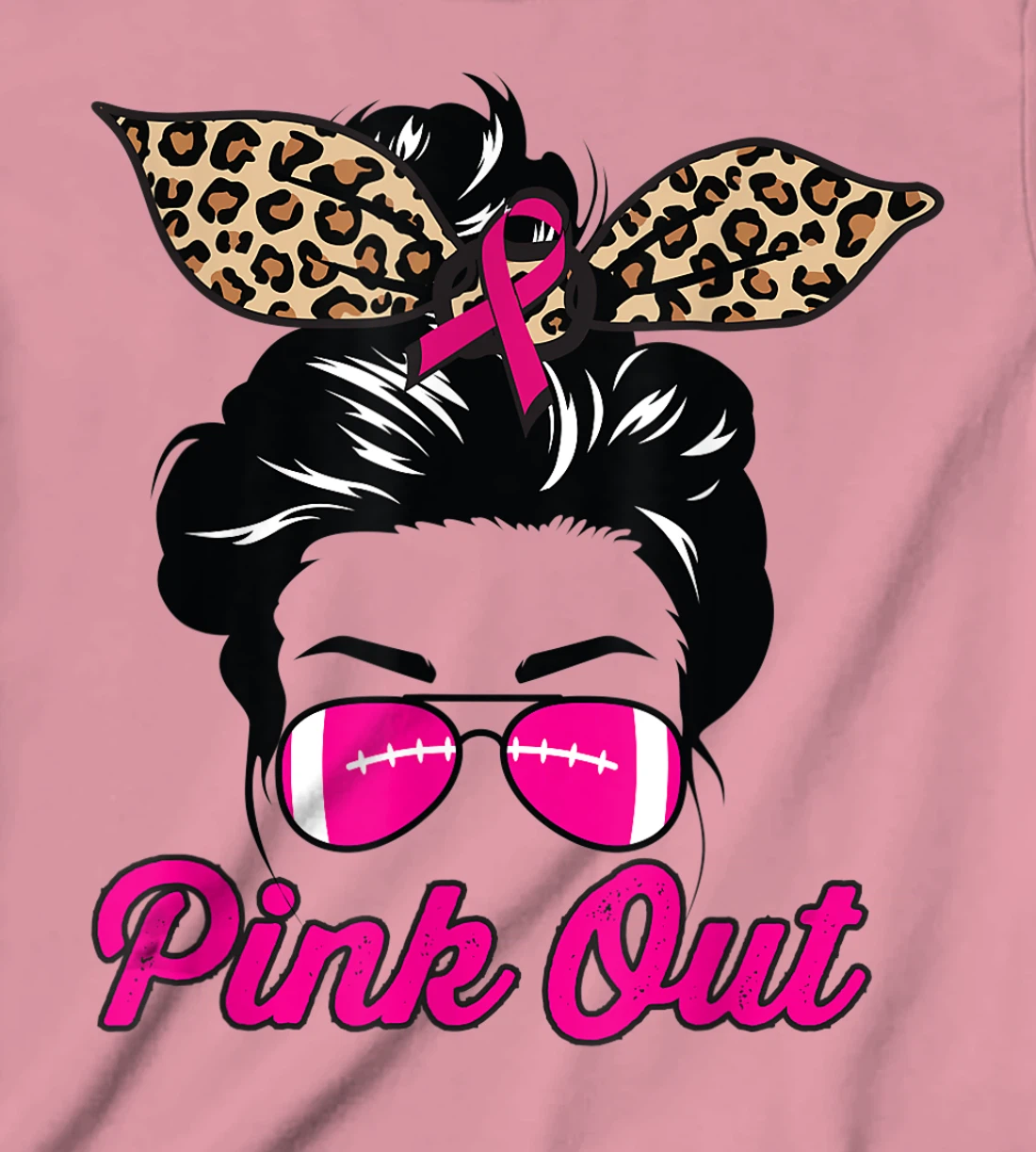 Womens Pink Out Football Mom Leopard Messy Bun Pink Breast Cancer T-Shirt, Kid T-Shirt and Women T-Shirt