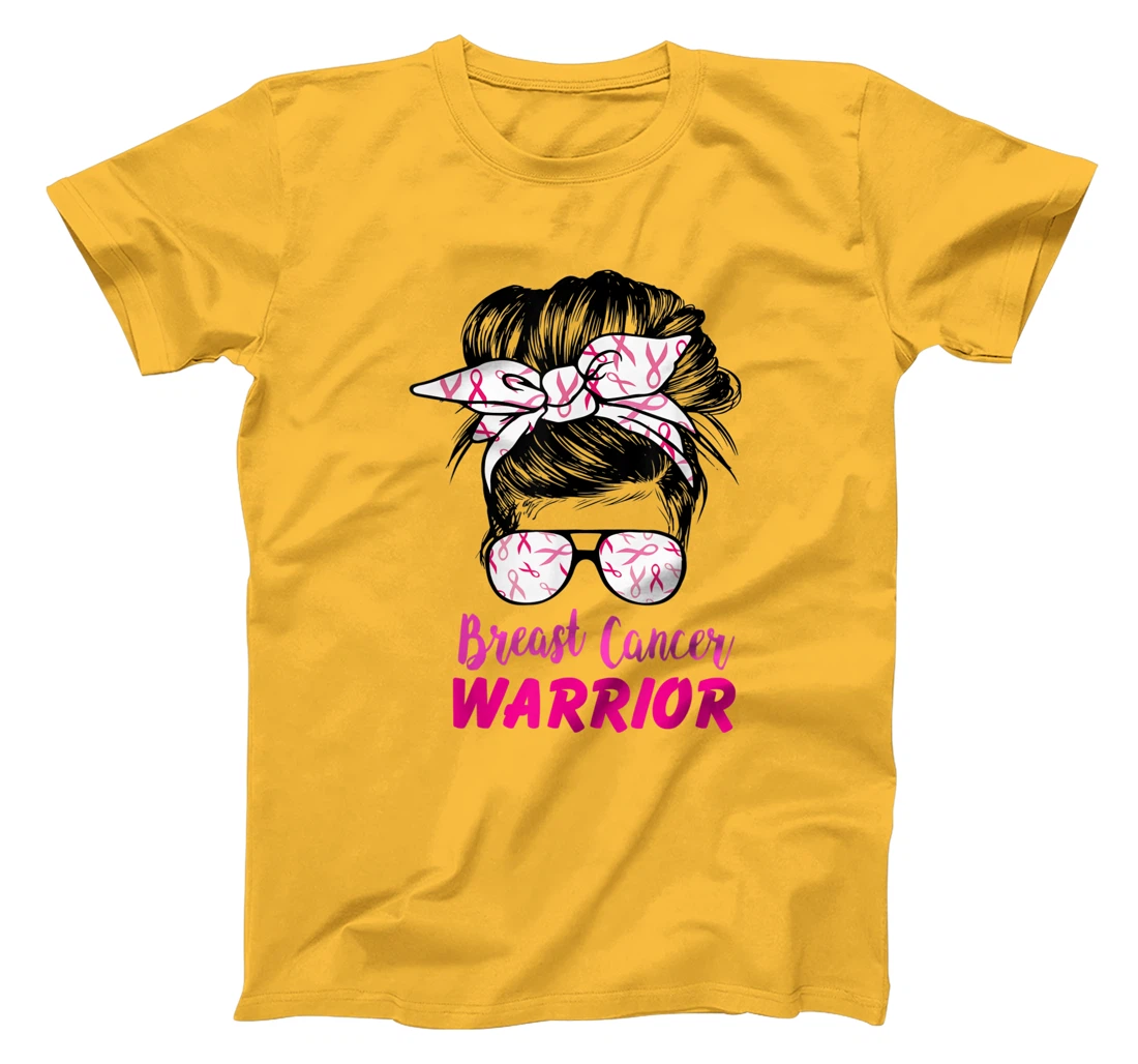 Womens Breast Cancer Warrior with messy bun breast cancer survivor T-Shirt, Kid T-Shirt and Women T-Shirt