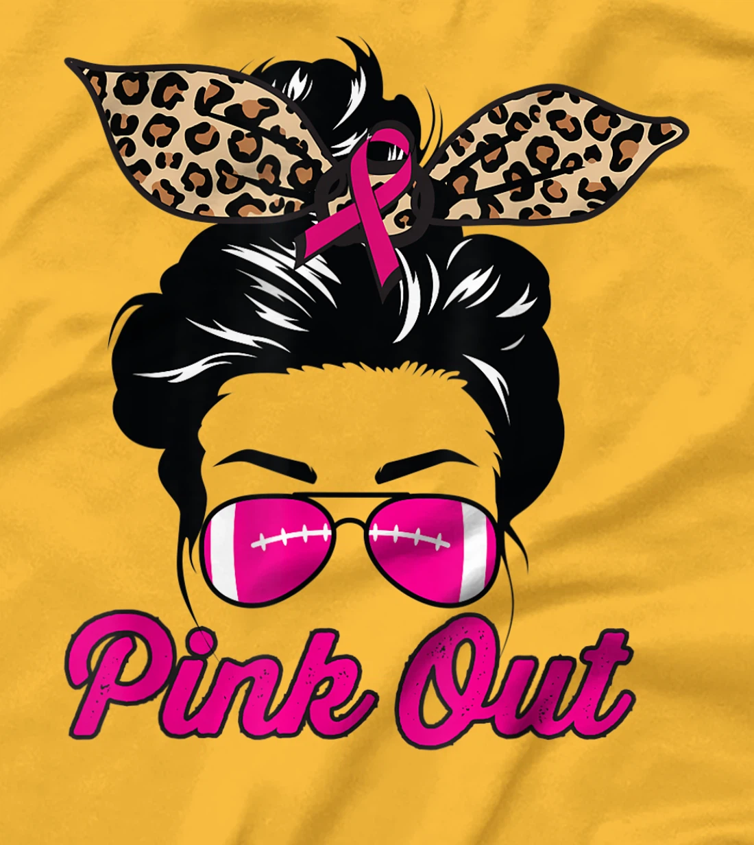 Womens Pink Out Football Mom Leopard Messy Bun Pink Breast Cancer T-Shirt, Kid T-Shirt and Women T-Shirt