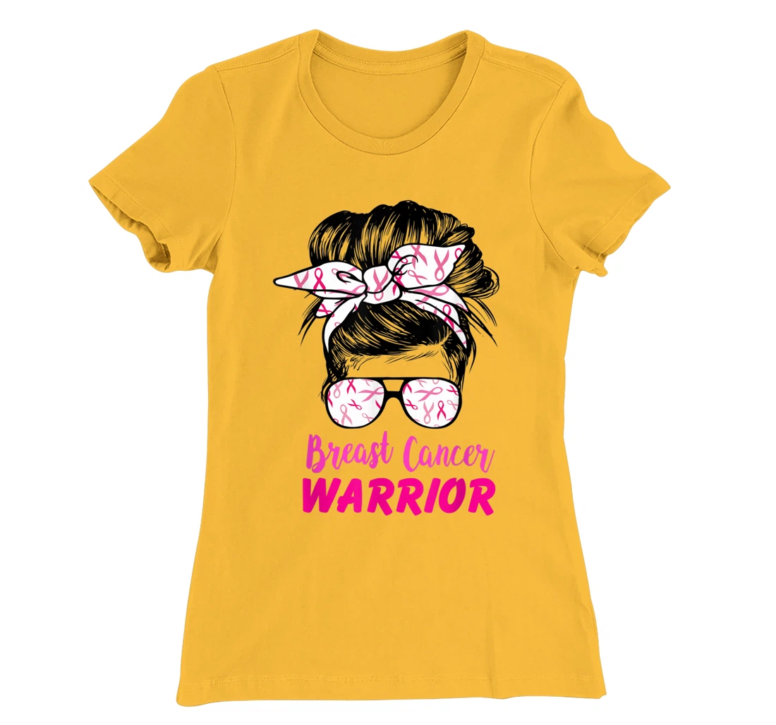 Womens Breast Cancer Warrior with messy bun breast cancer survivor T-Shirt, Kid T-Shirt and Women T-Shirt