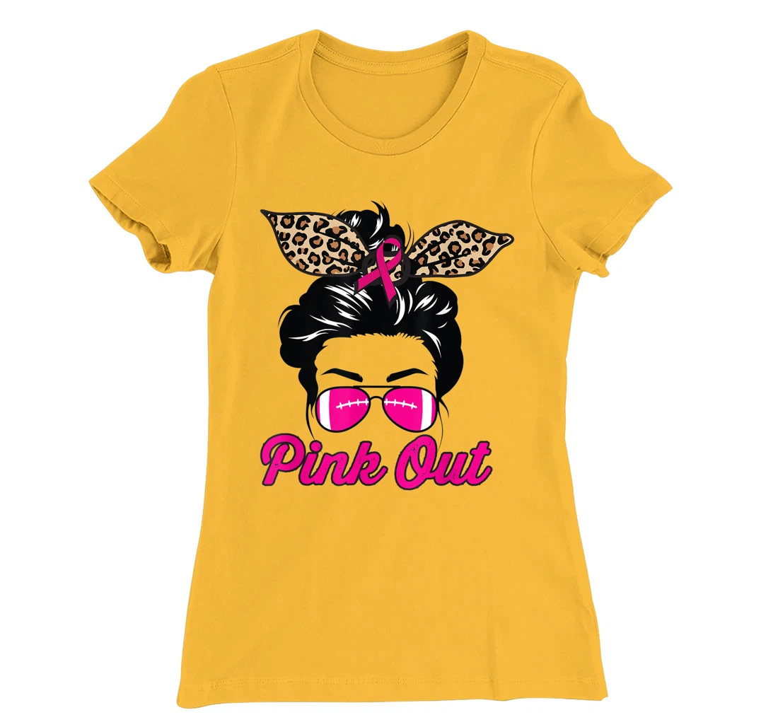 Womens Pink Out Football Mom Leopard Messy Bun Pink Breast Cancer T-Shirt, Kid T-Shirt and Women T-Shirt