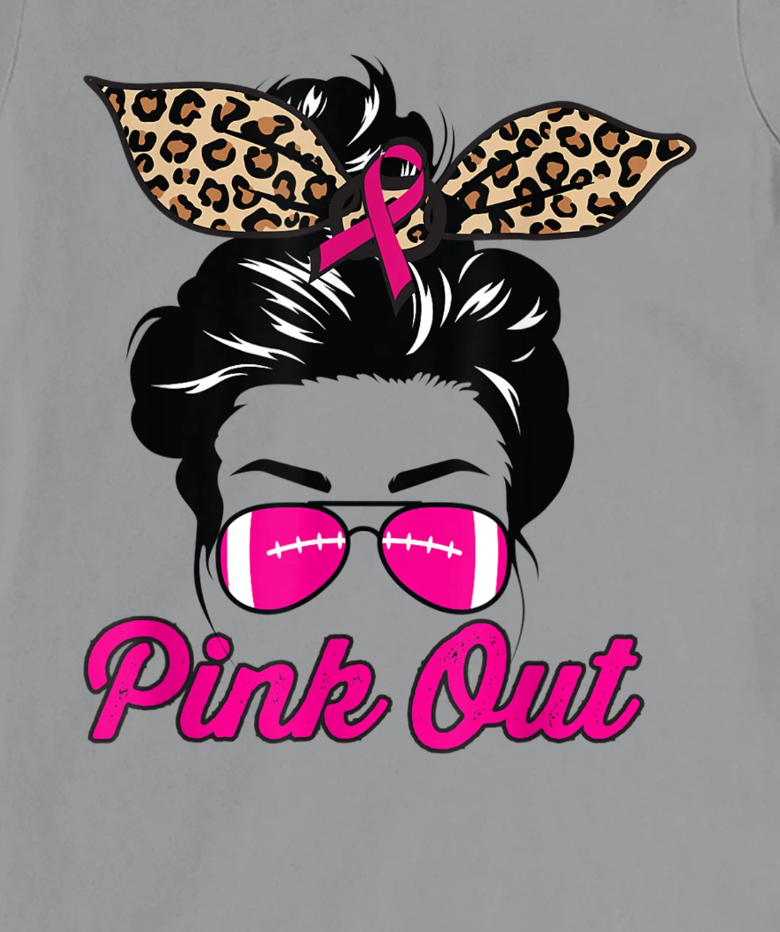 Womens Pink Out Football Mom Leopard Messy Bun Pink Breast Cancer T-Shirt, Kid T-Shirt and Women T-Shirt