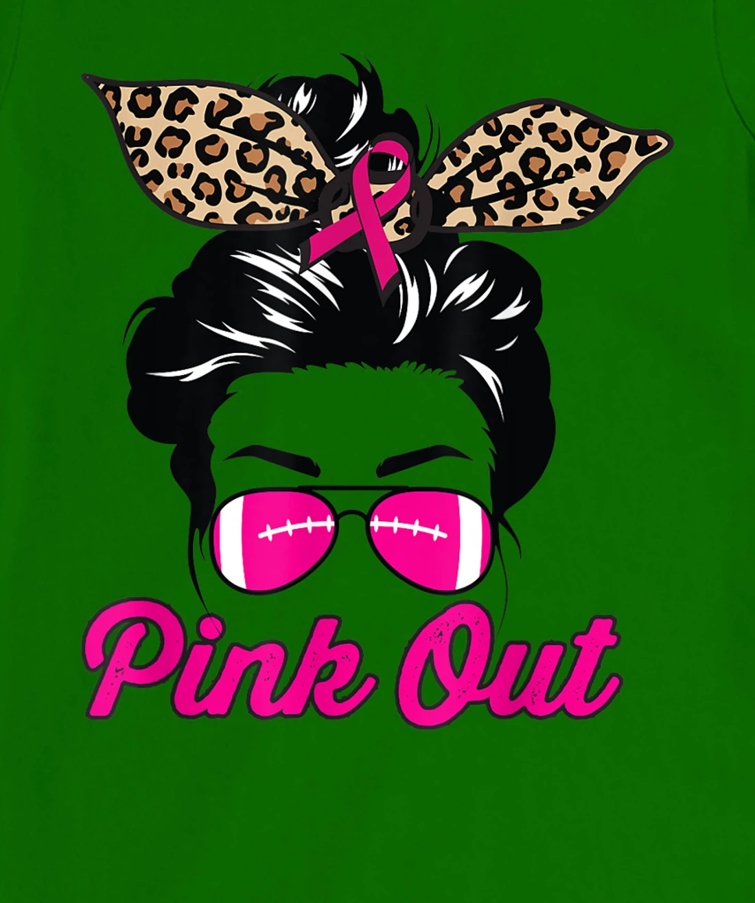 Womens Pink Out Football Mom Leopard Messy Bun Pink Breast Cancer T-Shirt, Kid T-Shirt and Women T-Shirt