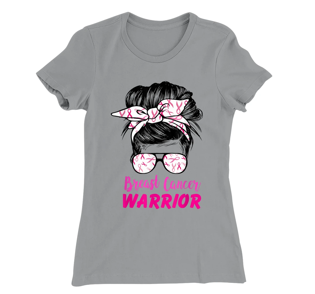 Womens Breast Cancer Warrior with messy bun breast cancer survivor T-Shirt, Kid T-Shirt and Women T-Shirt