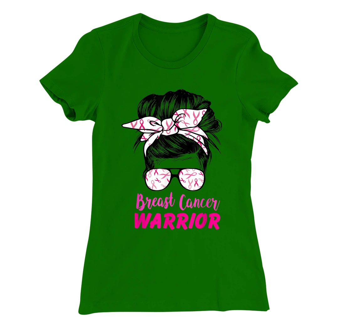 Womens Breast Cancer Warrior with messy bun breast cancer survivor T-Shirt, Kid T-Shirt and Women T-Shirt