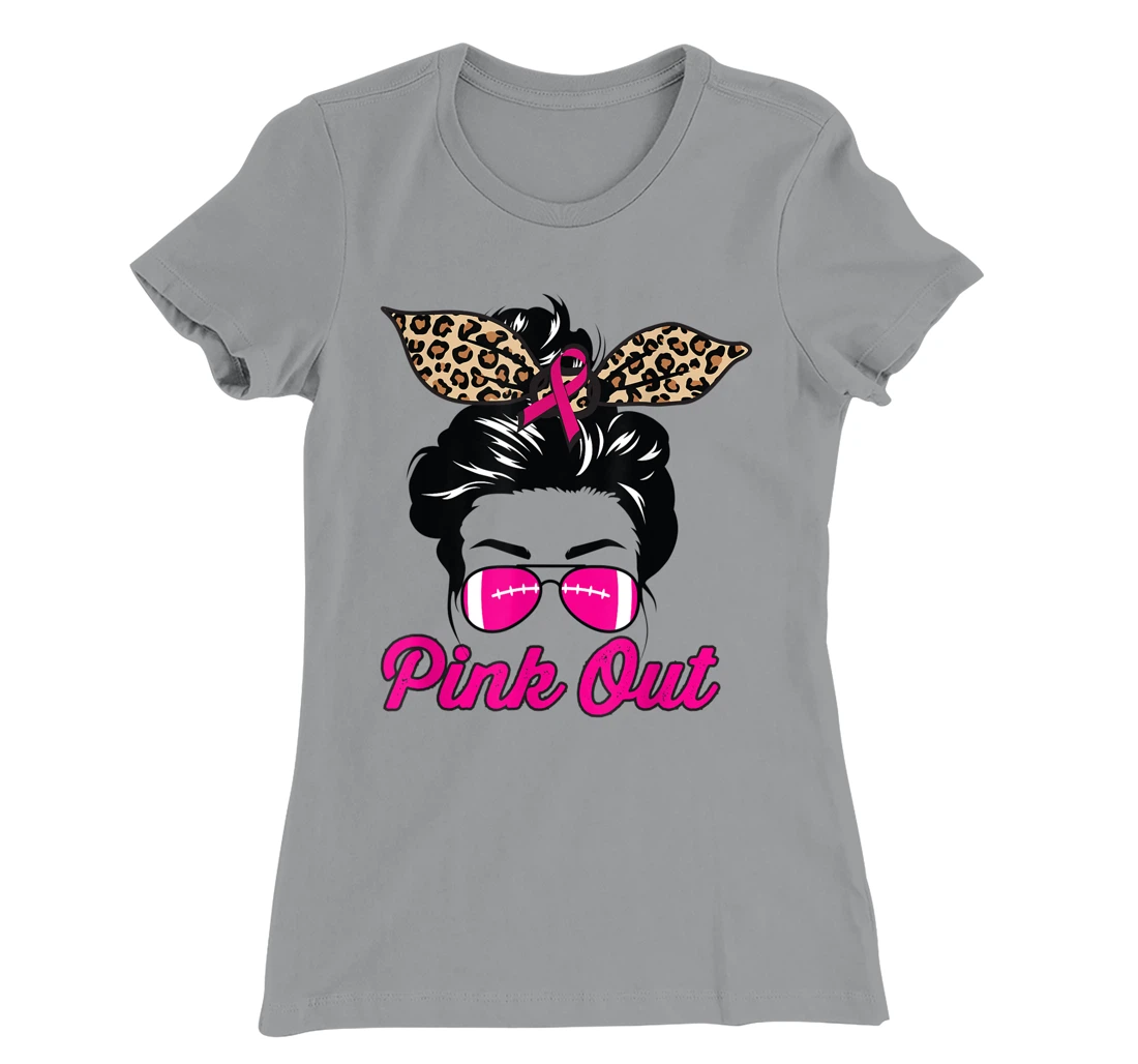 Womens Pink Out Football Mom Leopard Messy Bun Pink Breast Cancer T-Shirt, Kid T-Shirt and Women T-Shirt