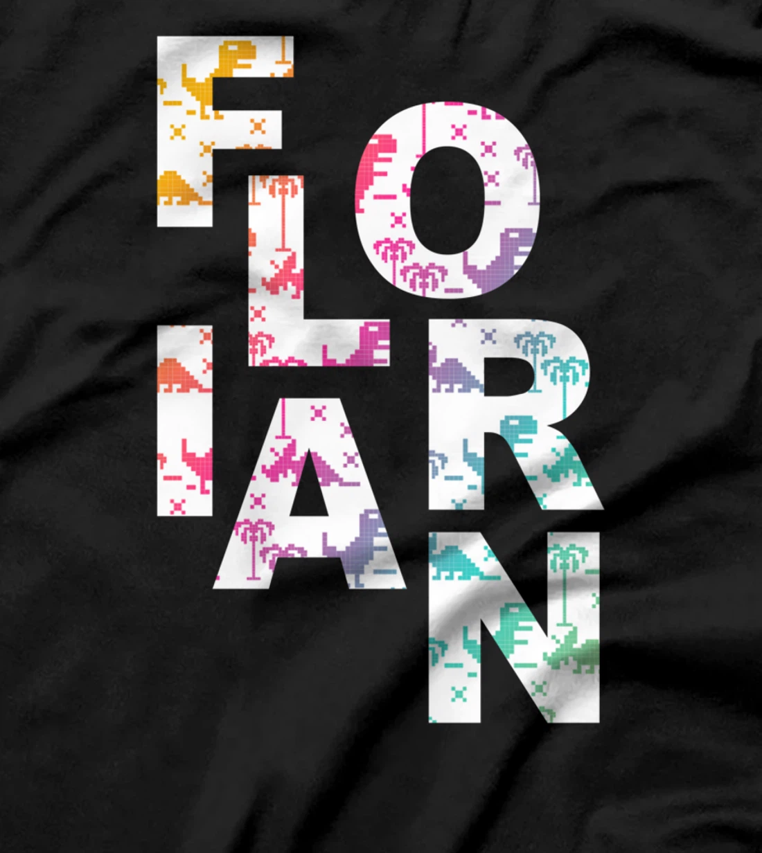 Florian - Cool Boys Name with colorful Retro Pixel Dinosaurs T-Shirt