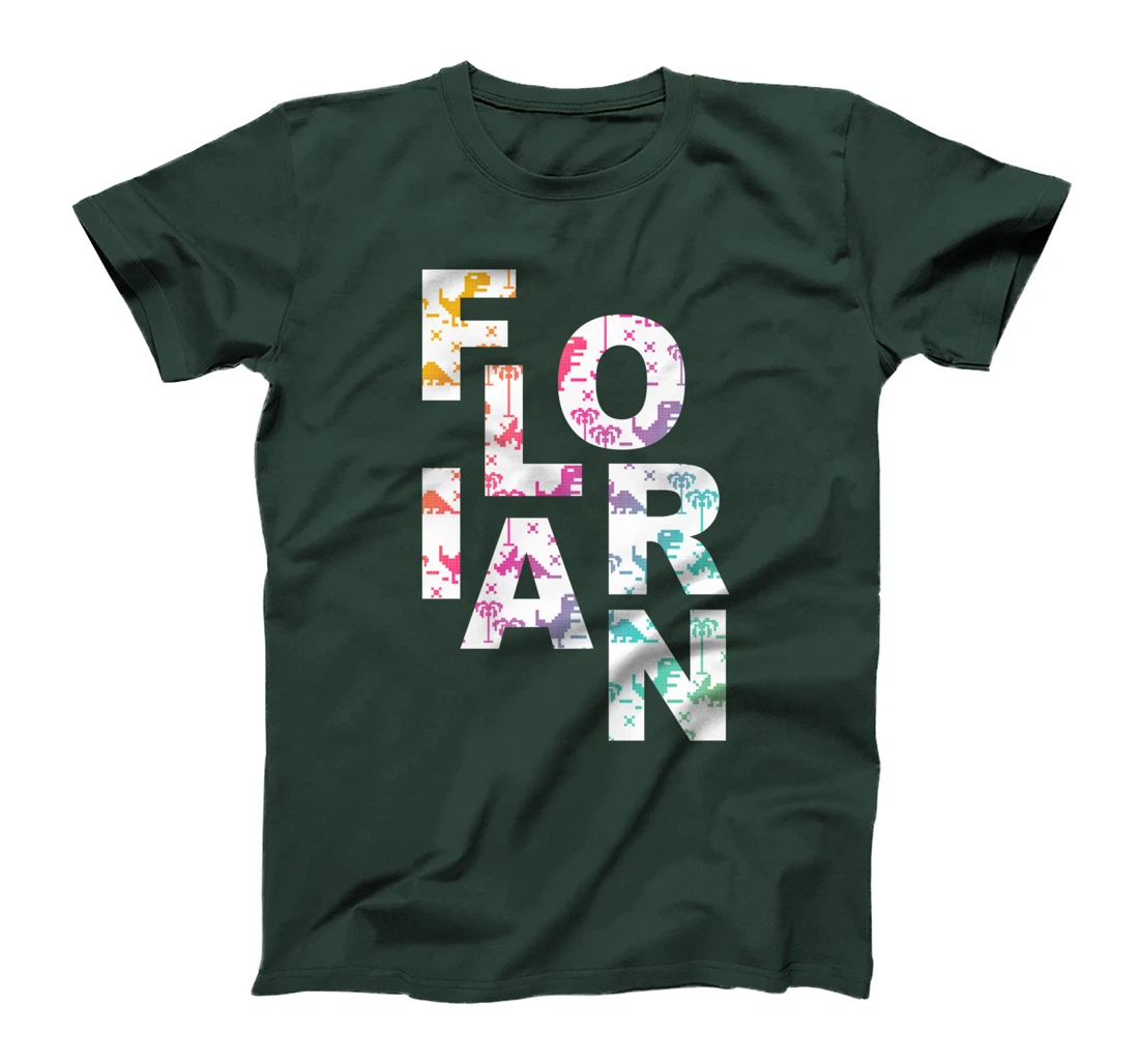 Florian - Cool Boys Name with colorful Retro Pixel Dinosaurs T-Shirt
