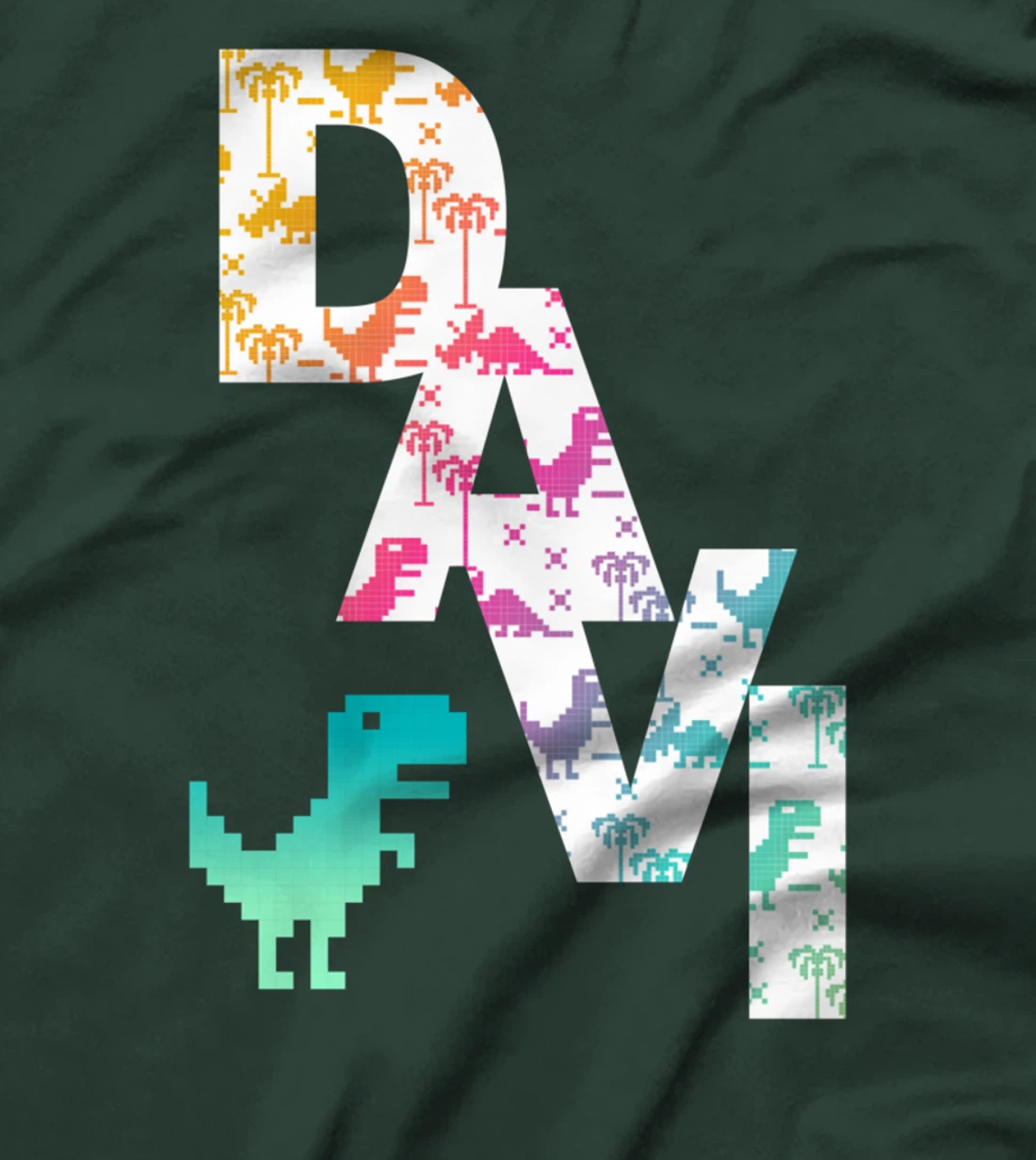 Davi - Cool Boys Name with colorful Retro Pixel Dinosaurs T-Shirt
