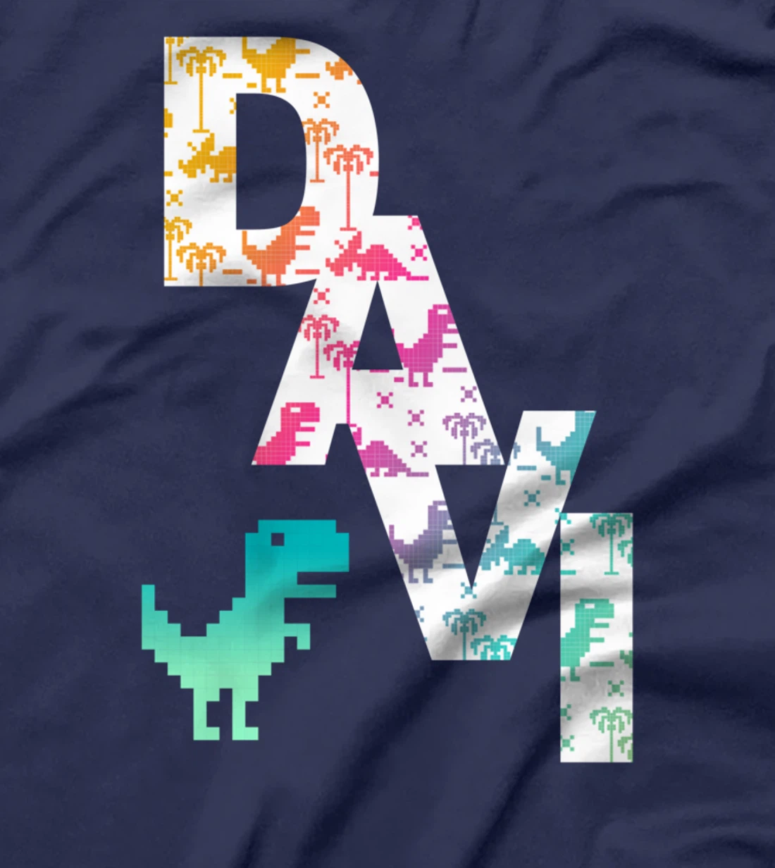 Davi - Cool Boys Name with colorful Retro Pixel Dinosaurs T-Shirt