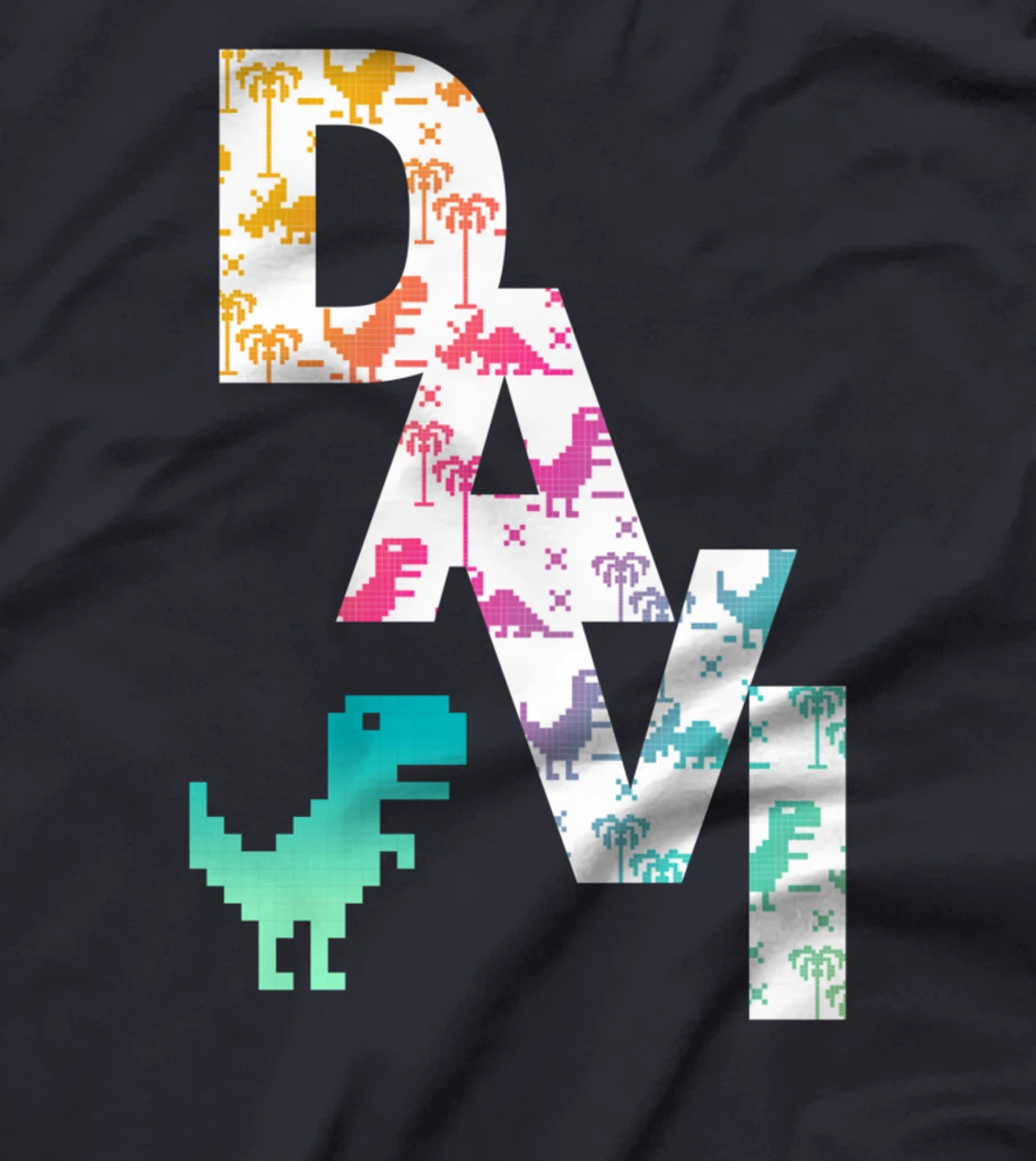 Davi - Cool Boys Name with colorful Retro Pixel Dinosaurs T-Shirt