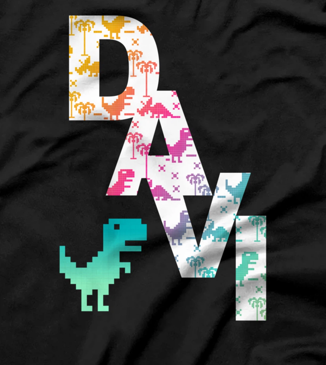 Davi - Cool Boys Name with colorful Retro Pixel Dinosaurs T-Shirt