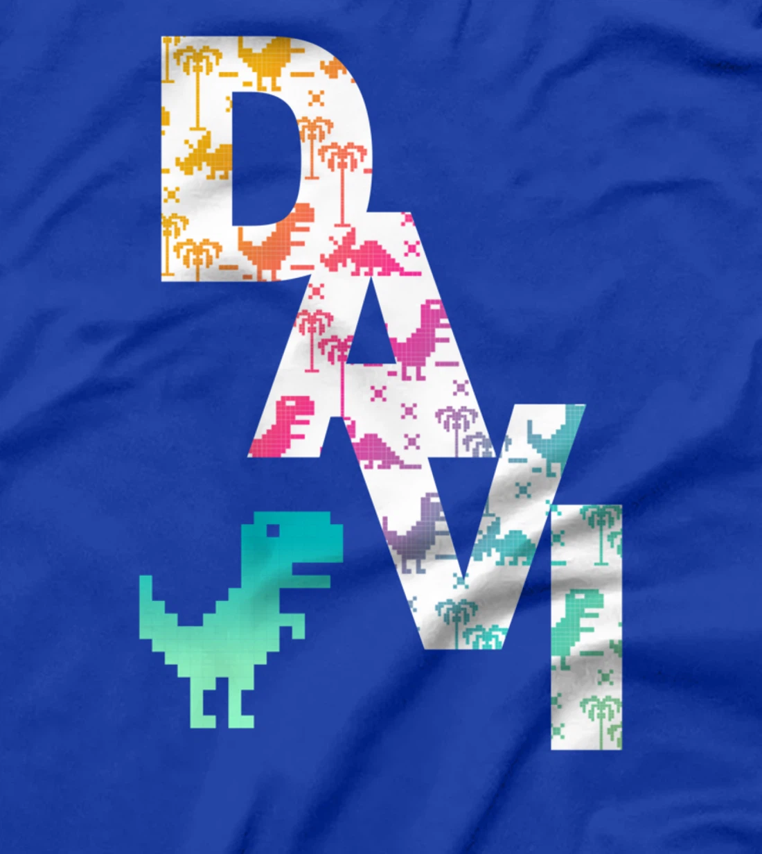 Davi - Cool Boys Name with colorful Retro Pixel Dinosaurs T-Shirt