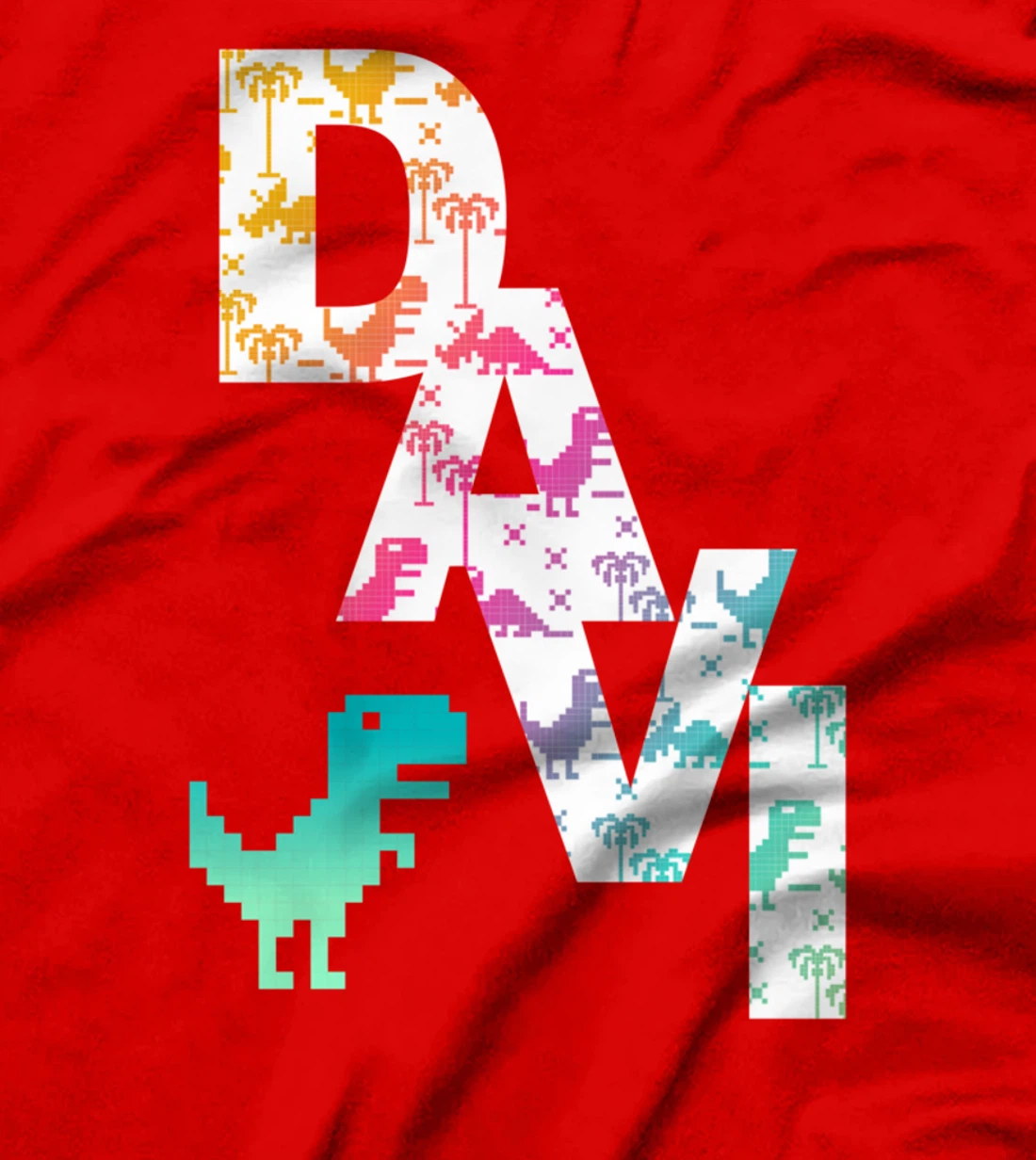 Davi - Cool Boys Name with colorful Retro Pixel Dinosaurs T-Shirt