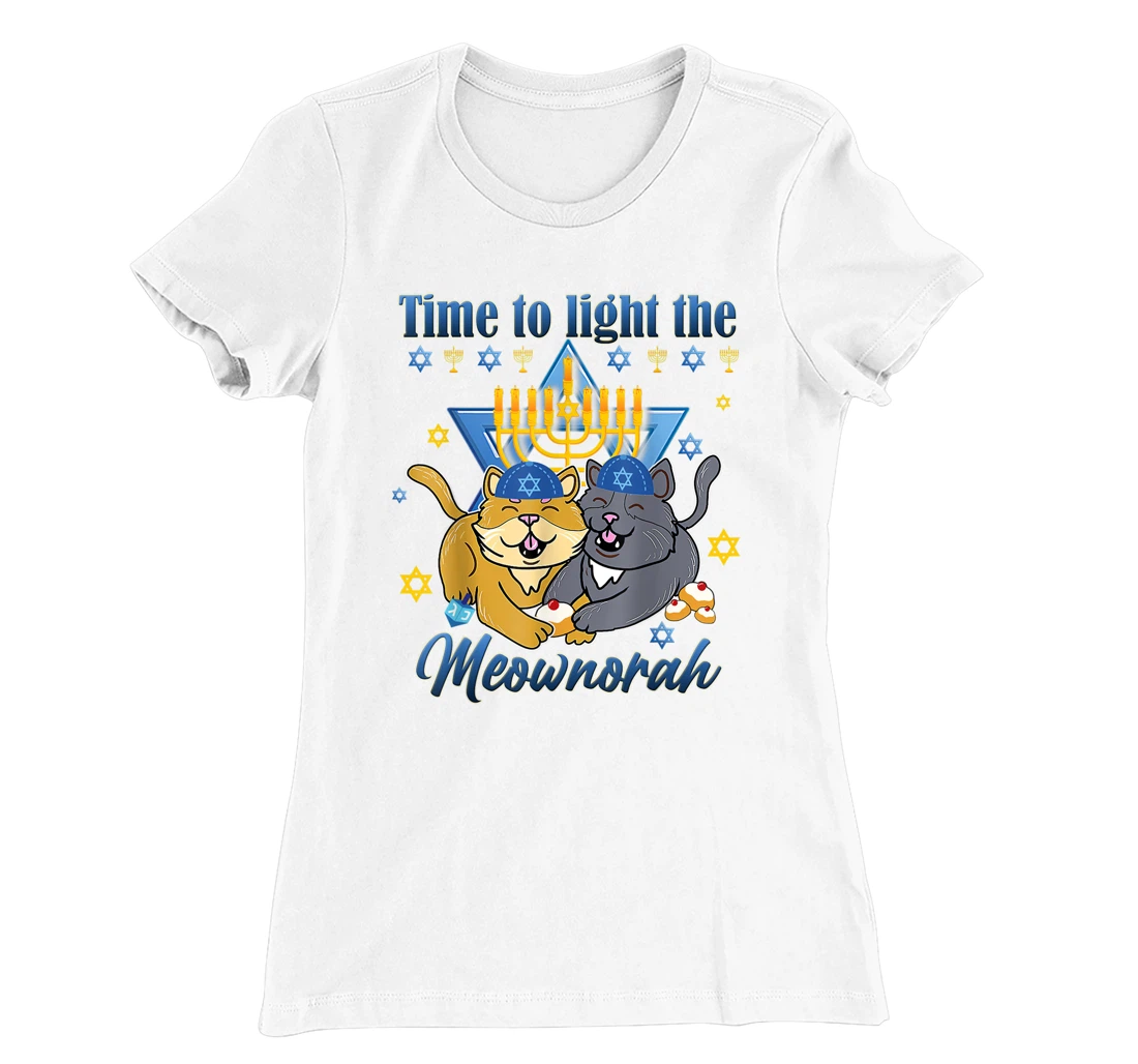 Womens Light The Meownorah Jewish Cat Menorah Lover Ugly Chanukah T-Shirt, Women T-Shirt