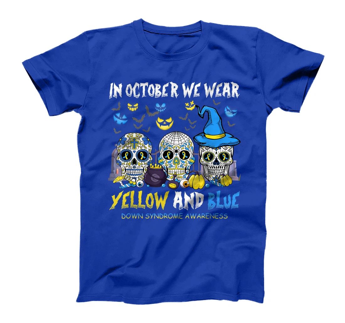 Sugar Skull In October We Wear Yellow And Blue Down Syndrome T-Shirt, Women T-Shirt