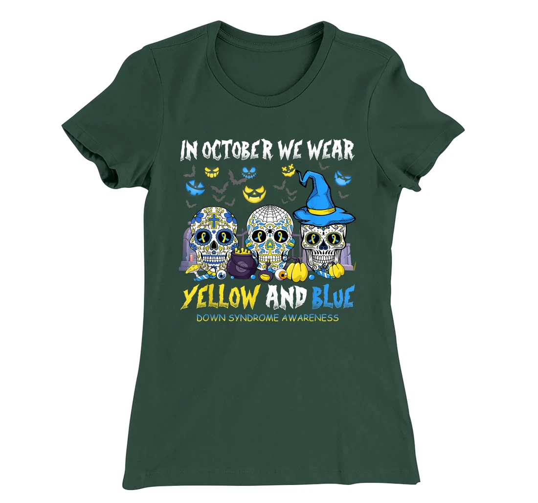 Sugar Skull In October We Wear Yellow And Blue Down Syndrome T-Shirt, Women T-Shirt