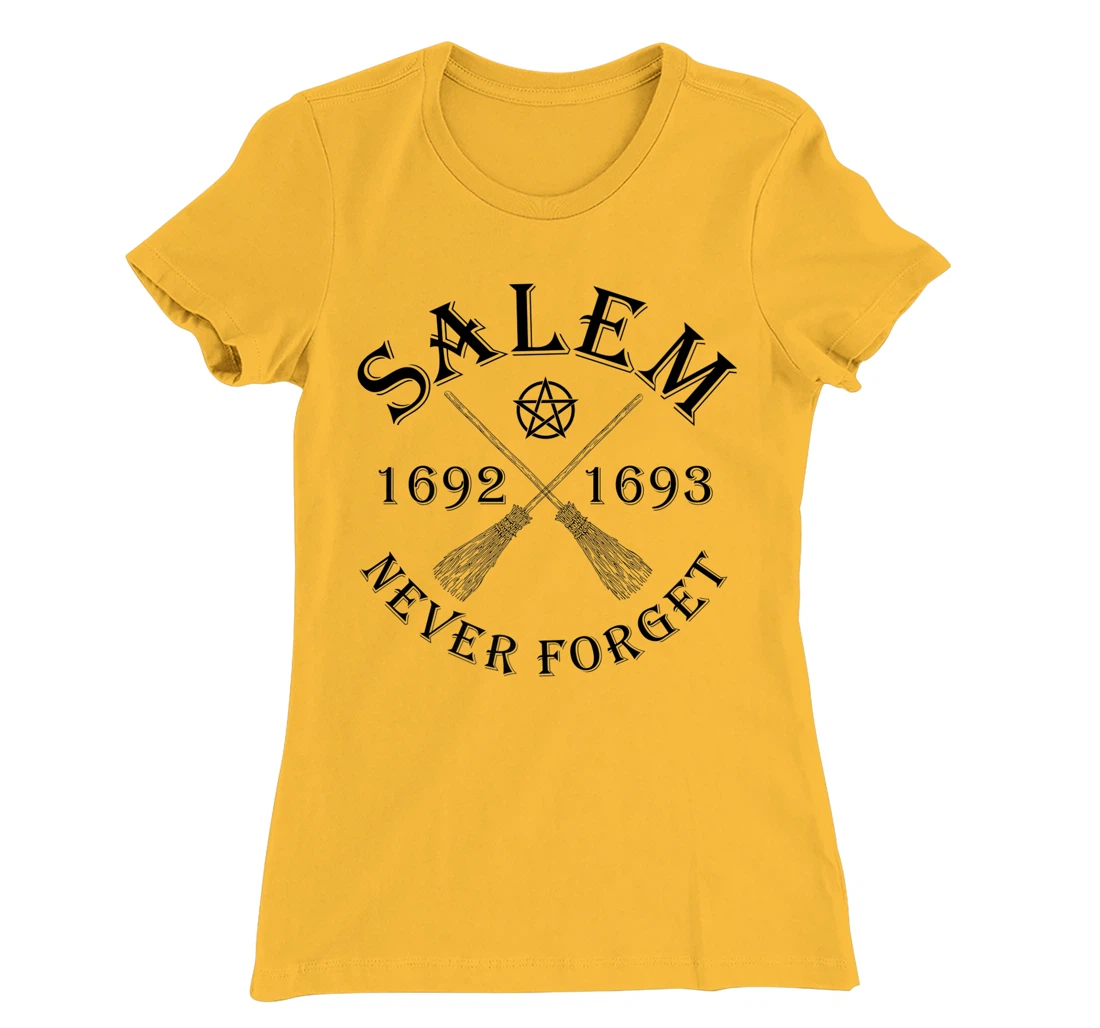 Salem 1692 1693 Never Forget Broom Pentagram Black Text T-Shirt, Women T-Shirt