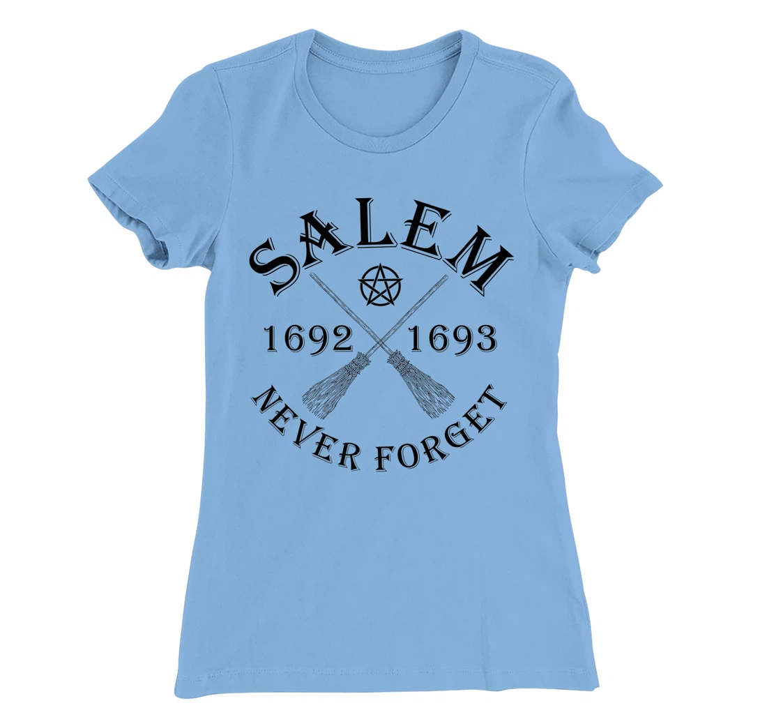 Salem 1692 1693 Never Forget Broom Pentagram Black Text T-Shirt, Women T-Shirt