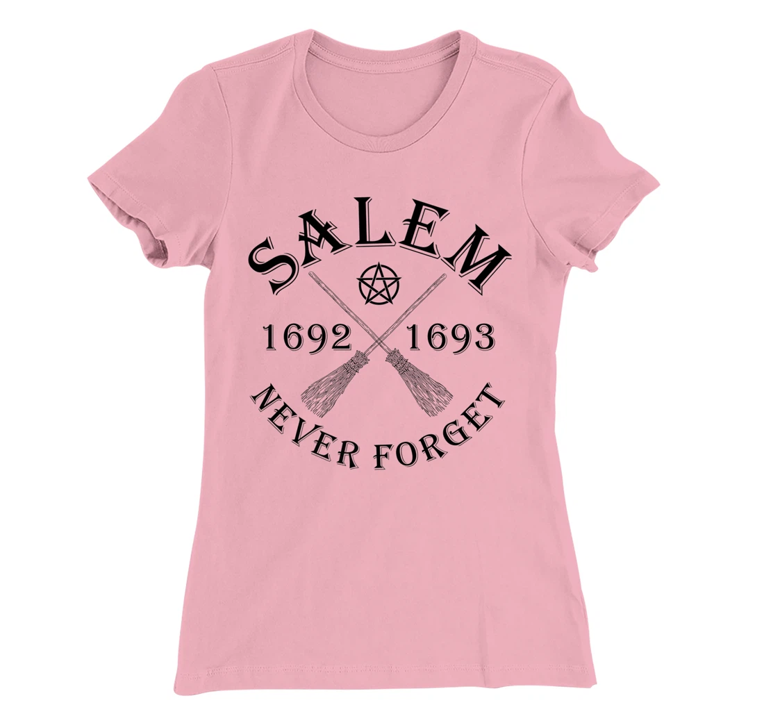 Salem 1692 1693 Never Forget Broom Pentagram Black Text T-Shirt, Women T-Shirt