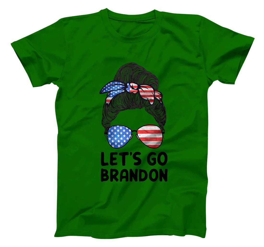 Womens Let's Go Brandon Conservative Anti Liberal Messy Bun US Flag T-Shirt, Women T-Shirt