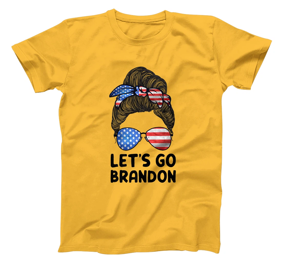 Womens Let's Go Brandon Conservative Anti Liberal Messy Bun US Flag T-Shirt, Women T-Shirt