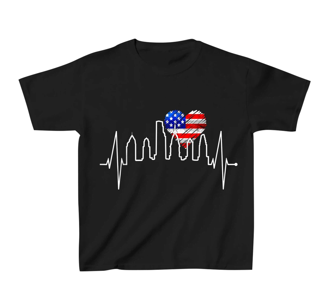 Philadelphia Skyline Heartbeat Heart US Flag I Love Philly T-Shirt, Kid T-Shirt and Women T-Shirt