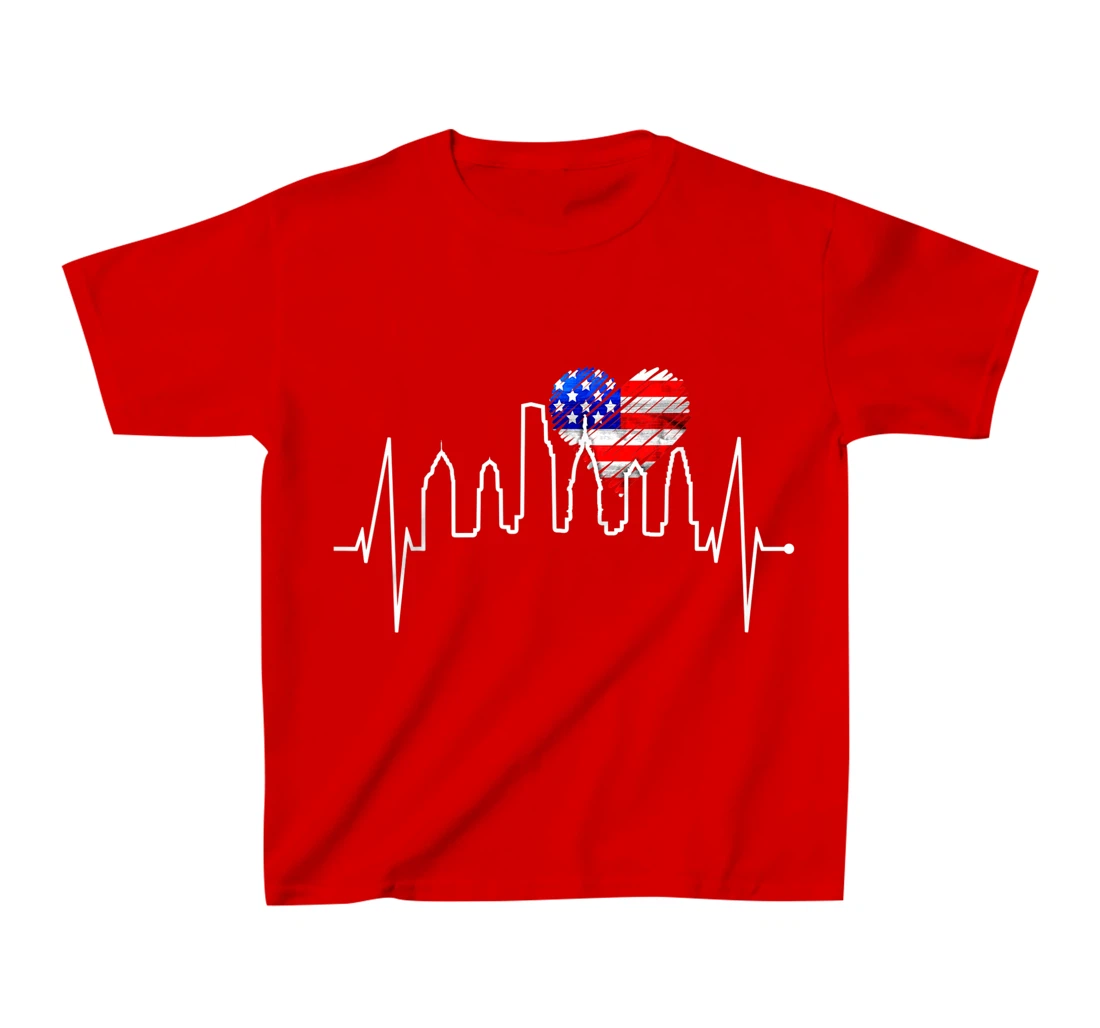 Philadelphia Skyline Heartbeat Heart US Flag I Love Philly T-Shirt, Kid T-Shirt and Women T-Shirt
