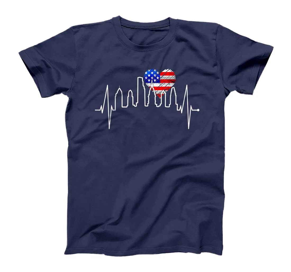 Philadelphia Skyline Heartbeat Heart US Flag I Love Philly T-Shirt, Kid T-Shirt and Women T-Shirt