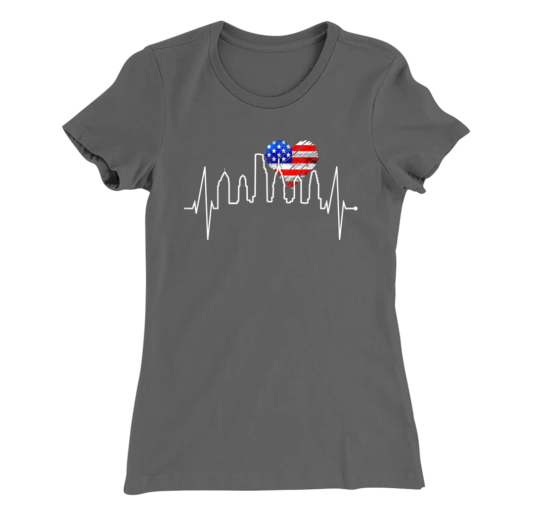 Philadelphia Skyline Heartbeat Heart US Flag I Love Philly T-Shirt, Kid T-Shirt and Women T-Shirt