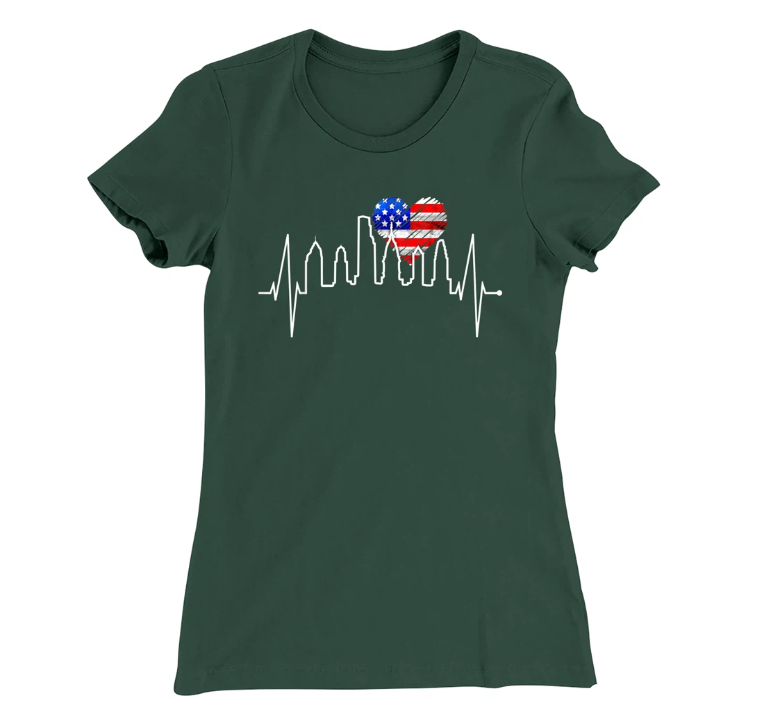 Philadelphia Skyline Heartbeat Heart US Flag I Love Philly T-Shirt, Kid T-Shirt and Women T-Shirt