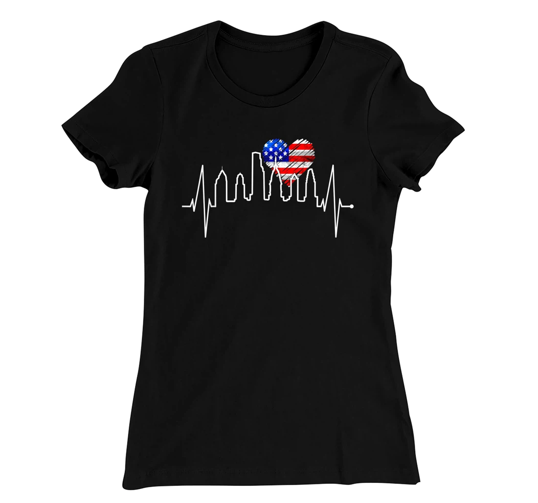 Philadelphia Skyline Heartbeat Heart US Flag I Love Philly T-Shirt, Kid T-Shirt and Women T-Shirt