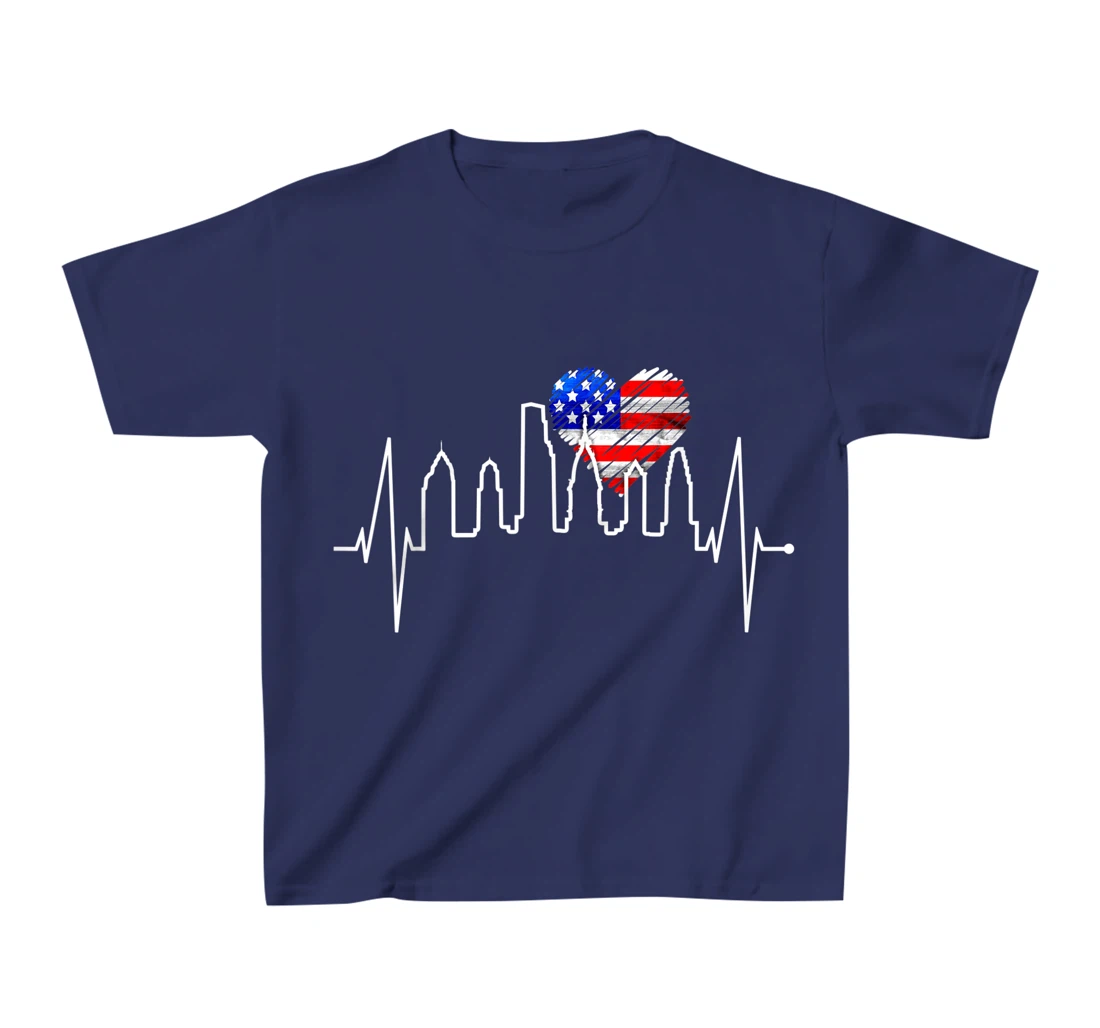 Philadelphia Skyline Heartbeat Heart US Flag I Love Philly T-Shirt, Kid T-Shirt and Women T-Shirt