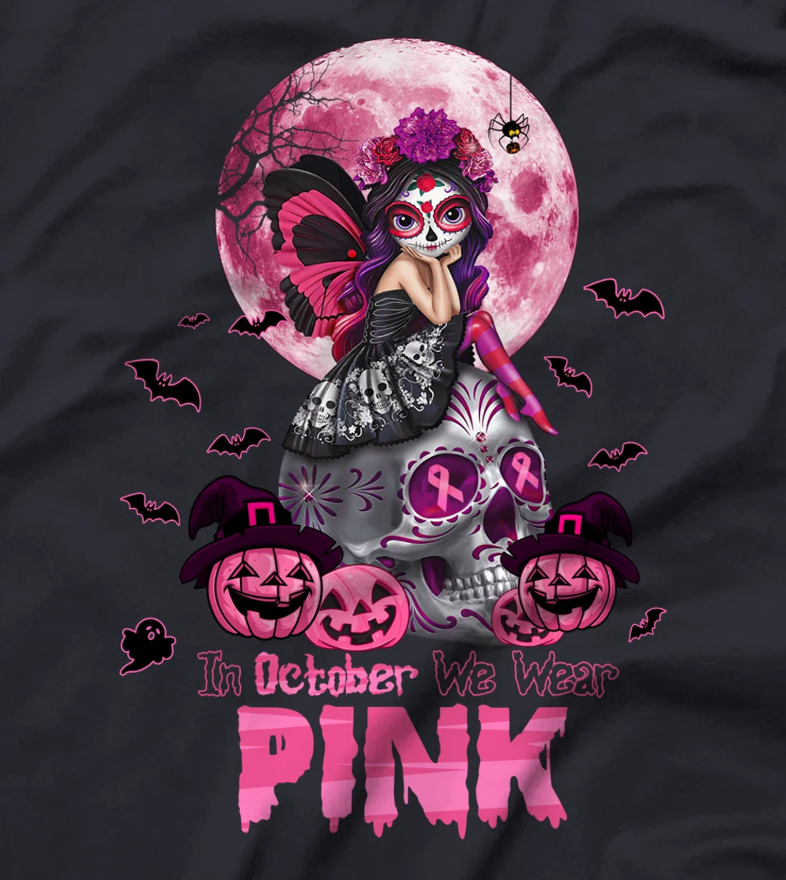 In October we wear pink, sugar skull, breast cancer T-Shirt