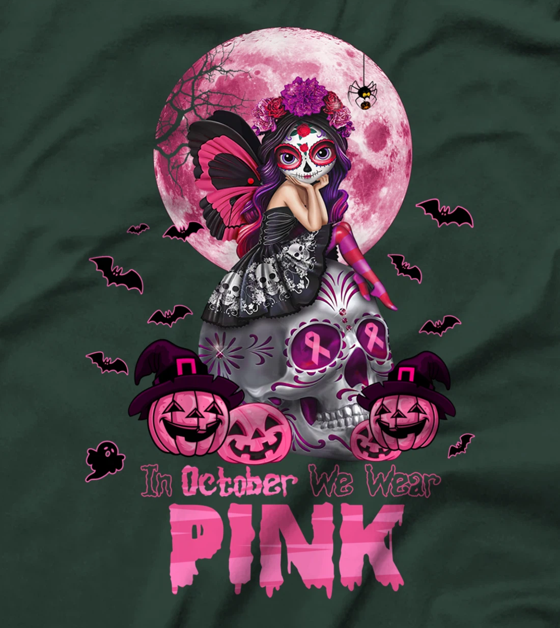 In October we wear pink, sugar skull, breast cancer T-Shirt
