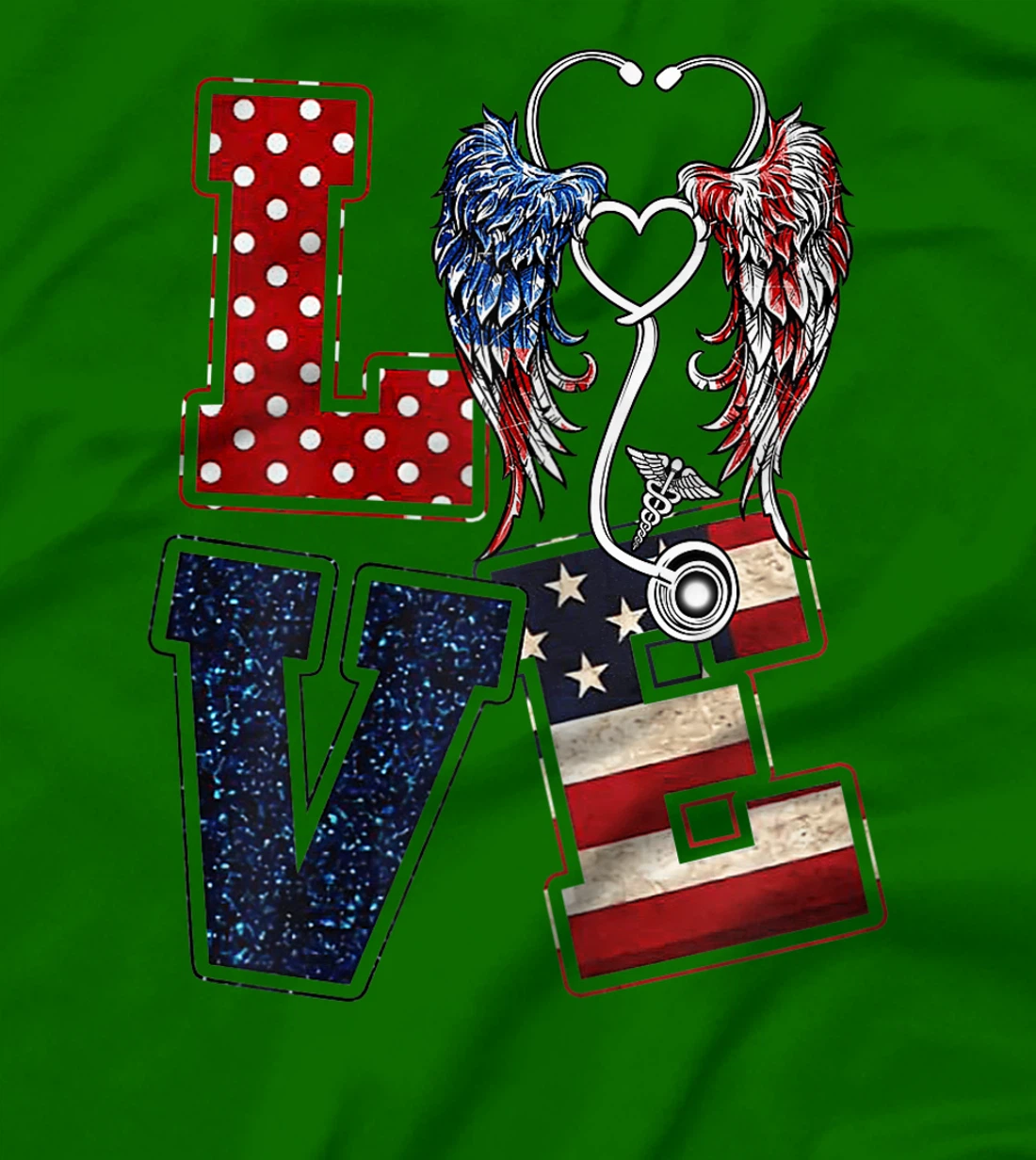 Womens Love Nursing Nurse Angel Wings Stethoscopes US Flag July 4th T-Shirt, Women T-Shirt