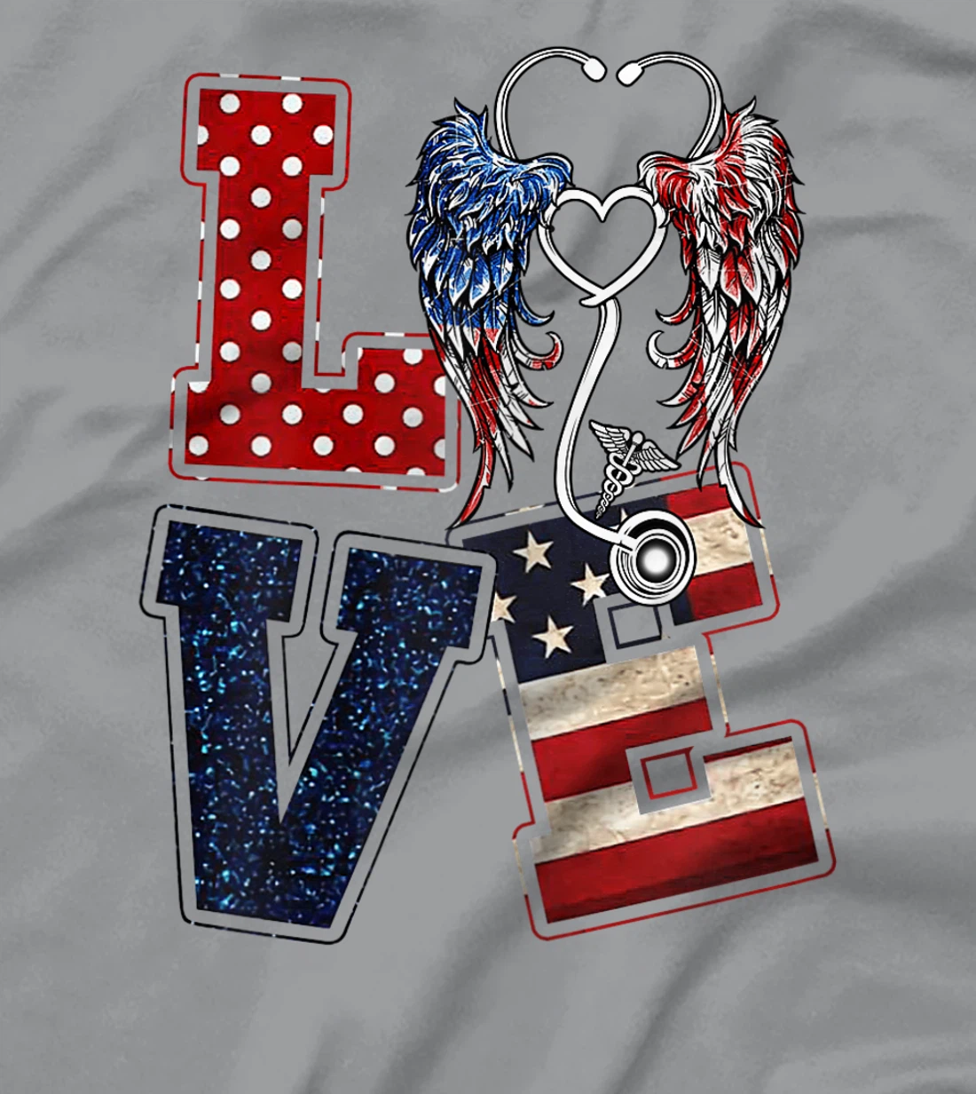 Womens Love Nursing Nurse Angel Wings Stethoscopes US Flag July 4th T-Shirt, Women T-Shirt