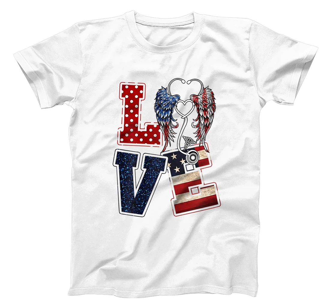 Womens Love Nursing Nurse Angel Wings Stethoscopes US Flag July 4th T-Shirt, Women T-Shirt